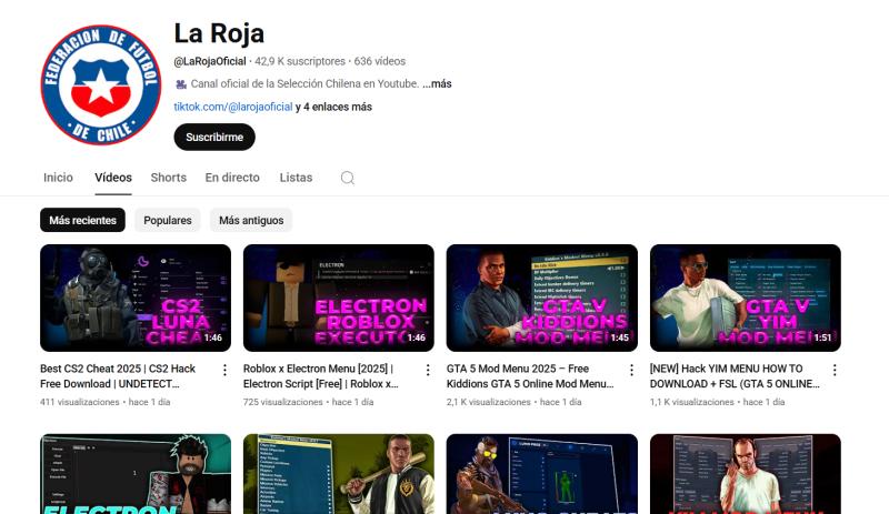Así se ve la cuenta de Youtube de la Roja - Créditos: Captura