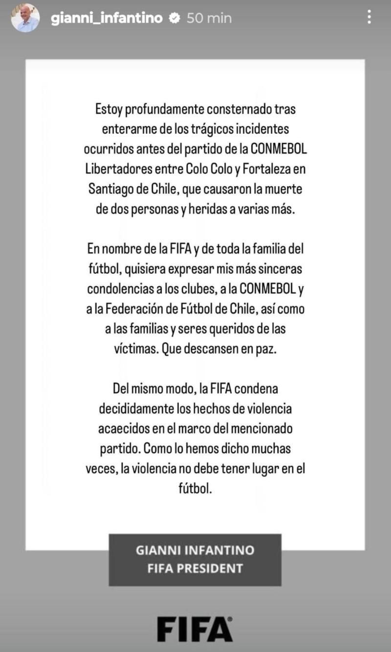 Instagram - El mensaje del presidente de la FIFA por los incidentes en el partido de Colo Colo vs Fortaleza