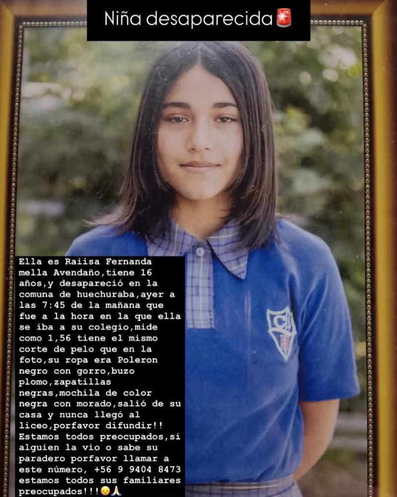 IG - Realizan intensa búsqueda de adolescente de 16 años que desapareció camino a su colegio en Huechuraba