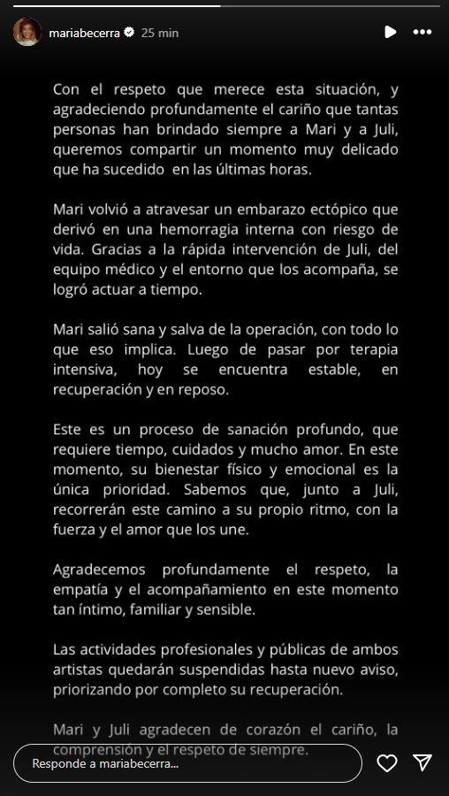 Instagram - Cantante argentina María Becerra es operada de urgencia por hemorragia interna: Sufrió segundo embarazo ectópico