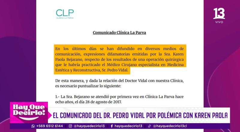 Canal 13 - Comunicado de clínica por dichos de Karen Paola