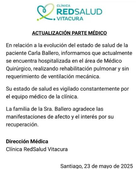 Actualización sobre el estado de salud de Carla Ballero: Ya no requiere ventilación mecánica tras dos semanas hospitalizada - Clínica RedSalud Vitacura