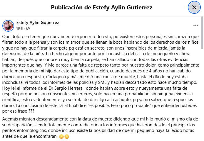 Facebook - Estefy Aylin Gutiérrez, madre de Tomás Bravo