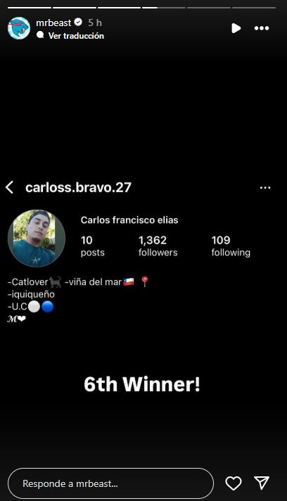 Chileno ganó millonario sorteo de MrBeast - Instagram
