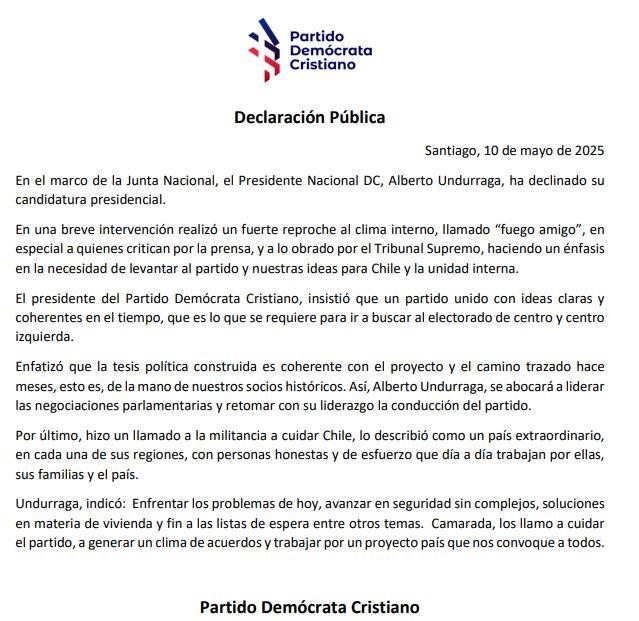 Declaración DC por dichos de Alberto Undurraga