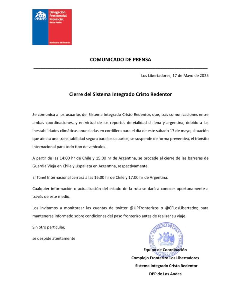 Comunicado por cierre del paso Los Libertadores - CF Los Libertadores