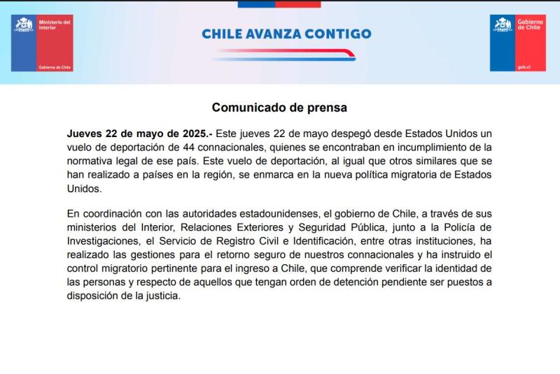 Ministerio del Interior - EE.UU. deporta a 44 ciudadanos chilenos: Vuelo llega este jueves