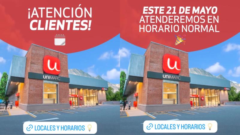 Unimarc - Supermercados funcionarán con normalidad este miércoles 21 de mayo