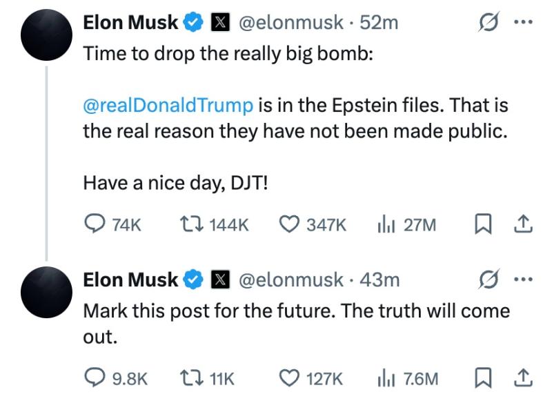 Elon Musk borró tuit en el que acusaba a Donald Trump de estar en el expediente Epstein