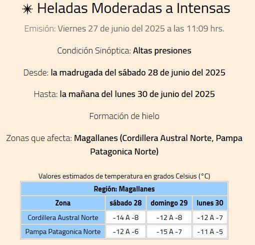 Alerta por heladas en Magallanes - DMC