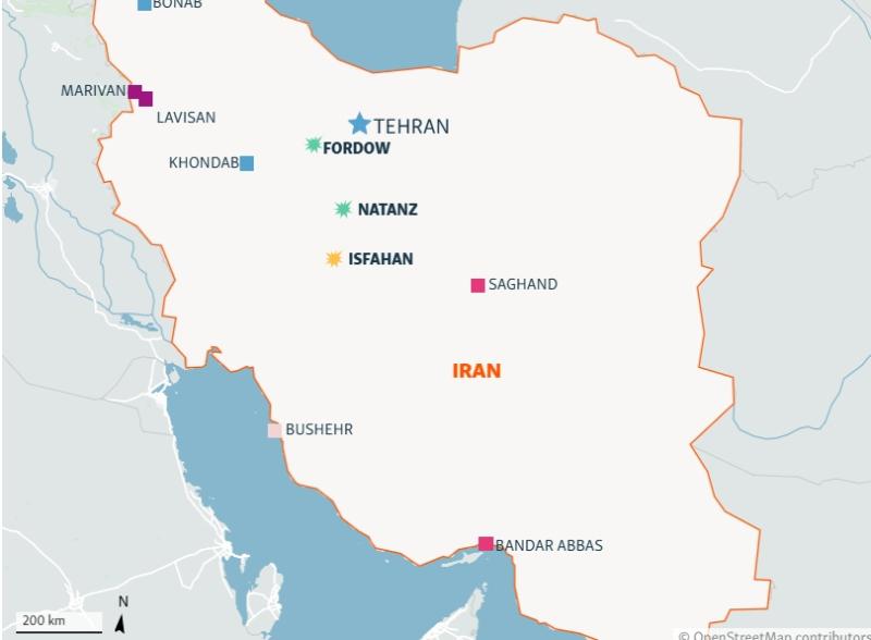 Ex-Ante: Mapa de ubicación que muestra donde están las plantas de Fordo, Natanz e Isfahán dentro de Irán.