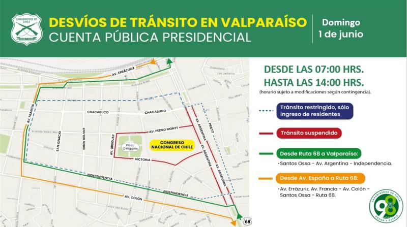 Cuenta pública 2025: Revisa los cortes de tránsito en Valparaíso por la ceremonia - X @ZonaCarabValpo