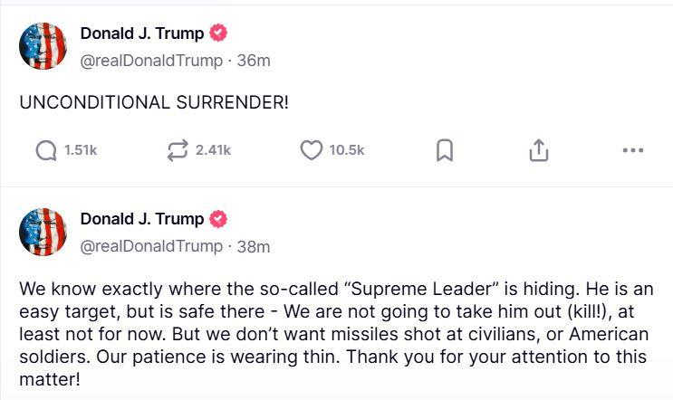 Truth Social - Donald Trump advierte a líder supremo de Irán