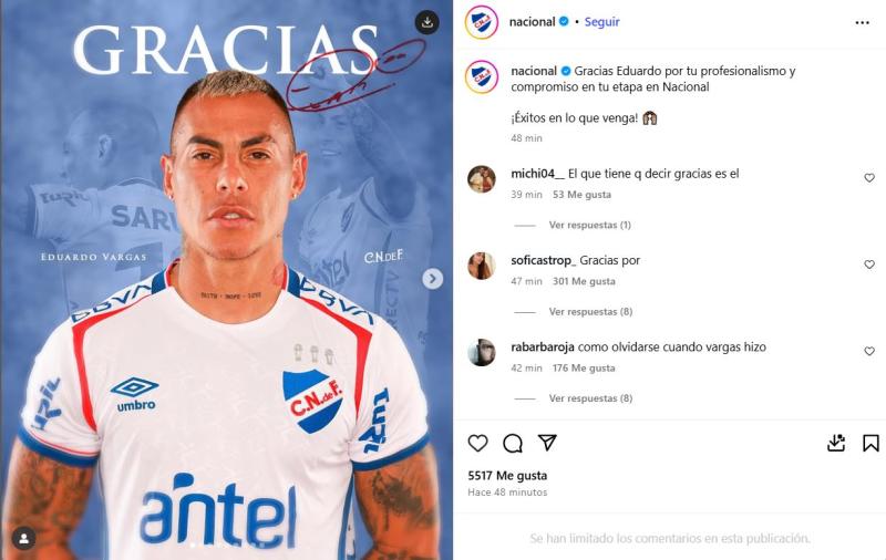 Captura - Eduardo Vargas dejó Nacional de Uruguay