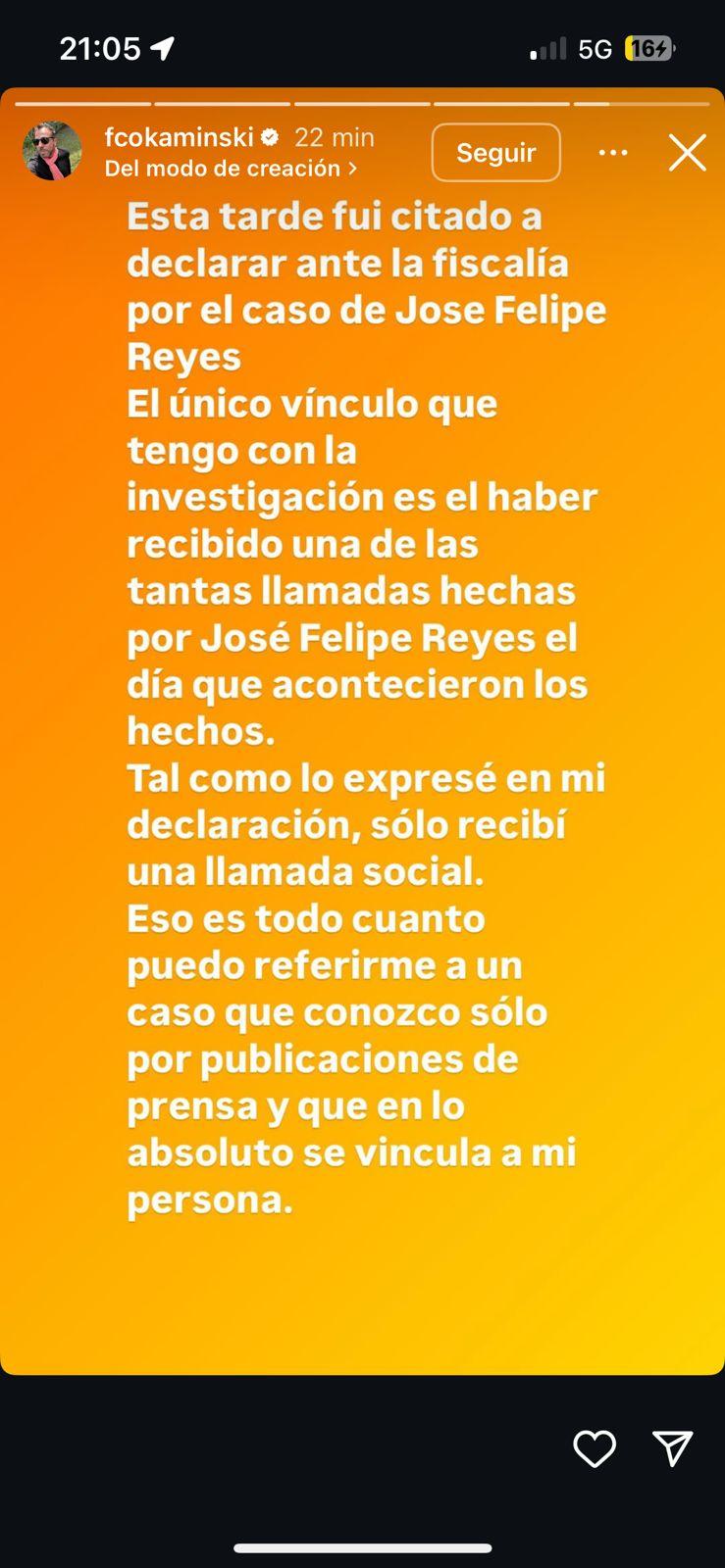 Instagram Francisco Kaminski - Aclara declaración por crimen del Rey de Meiggs