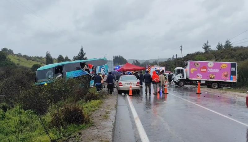Cedido a T13 - Momento exacto del fatal choque entre entre bus y camión en Melipilla