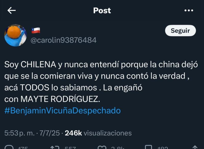 X - Mensaje sobre relación entre Benjamín Vicuña y Mayte Rodríguez