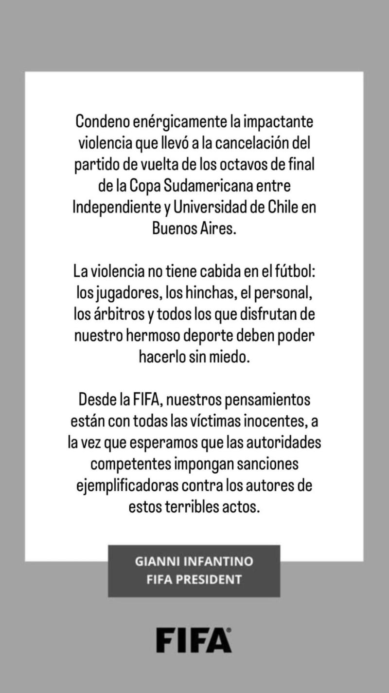 Instagram/gianni_infantino - Presidente de la FIFA reacciona tras incidentes entre Independiente y la U
