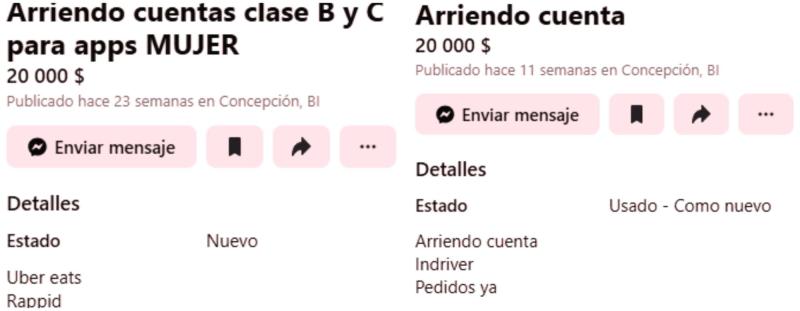 Captura de RRSS - Agencia UNO - Captura de RRSS - Denuncian mercado negro de cuentas para apps de delivery: perfiles de repartidores se venden por hasta $120 mil