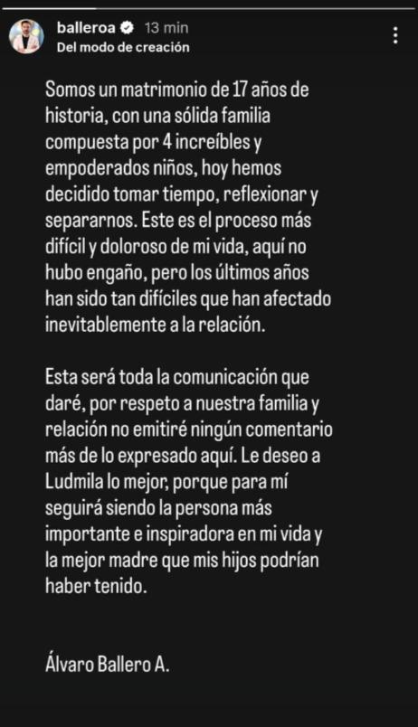 Instagram - Álvaro Ballero confirma quiebre de su matrimonio tras 17 años de casado