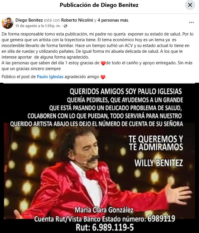 Facebook Paulo Iglesias - Estado de salud de Willy Benítez