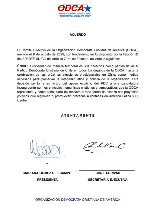 OCDA suspende a la DC por apoyo a Jara