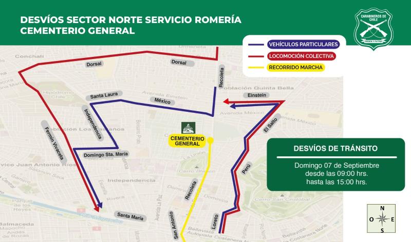 Conoce los desvíos de tránsito en Santiago por romería al Cementerio General hoy 7 de septiembre - X Carabineros Tránsito
