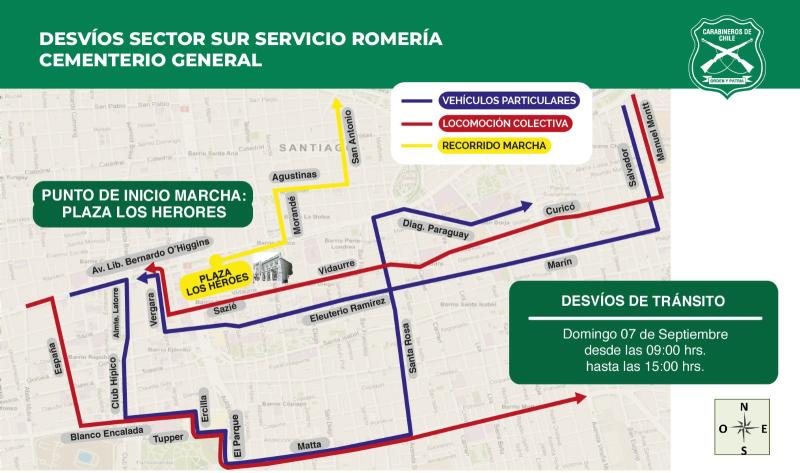 Conoce los desvíos de tránsito en Santiago por romería al Cementerio General hoy 7 de septiembre - X Carabineros Tránsito