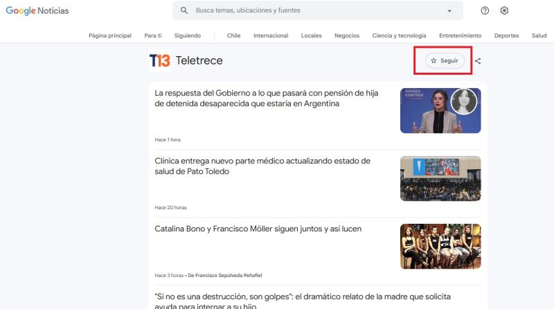 Así puedes seguir a T13.cl en Google Discover desde tu computador