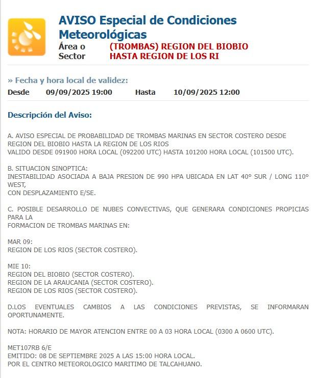 El aviso especial de la Armada por trombas marinas en tres regiones