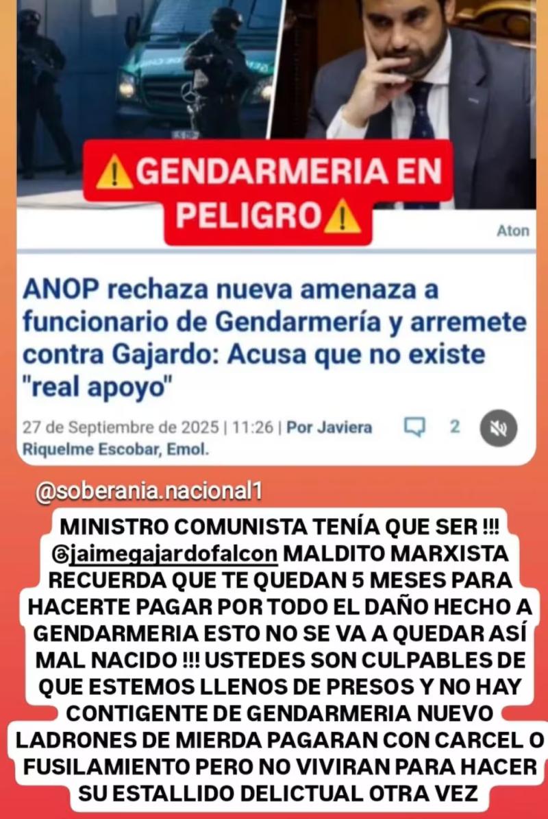 Ingresan denuncia por amenazas de muerte contra ministro Jaime Gajardo: le dijeron que lo fusilarían - Instagram