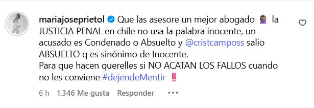 T13 - “Para qué hacen querellas si no acatan fallos”: la dura respuesta de María José Prieto a Claudia di Girolamo | Captura de RRSS