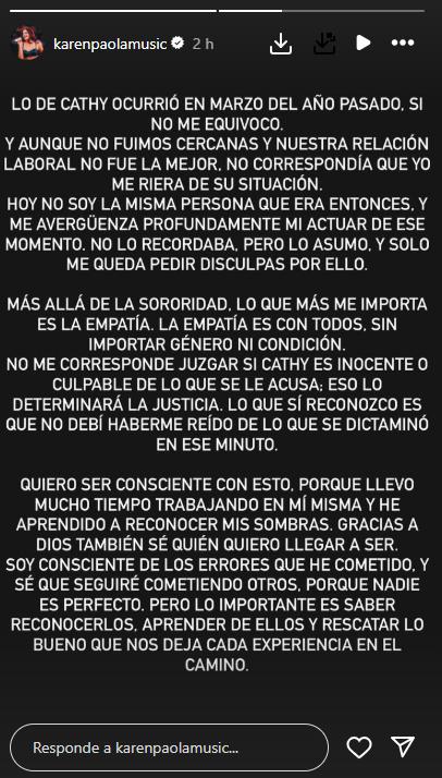 Karen Paola se disculpa con Cathy Barriga - Redes sociales