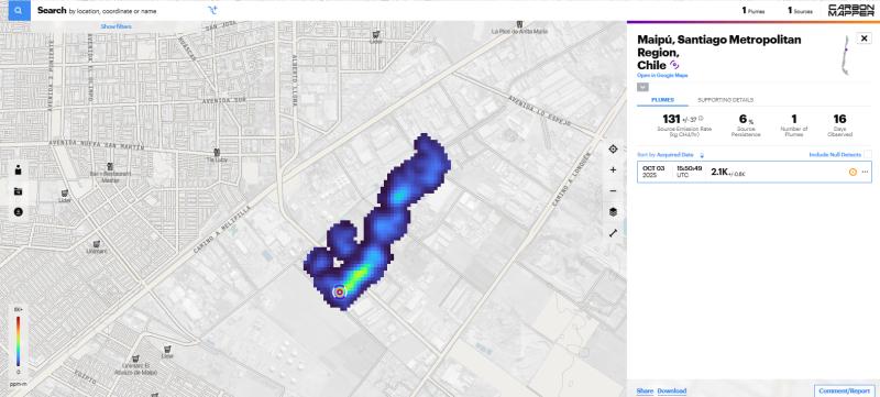 Satélite detecta fuga masiva de metano en Maipú: advierten grave riesgo ambiental - Captura data.carbonmapper.org