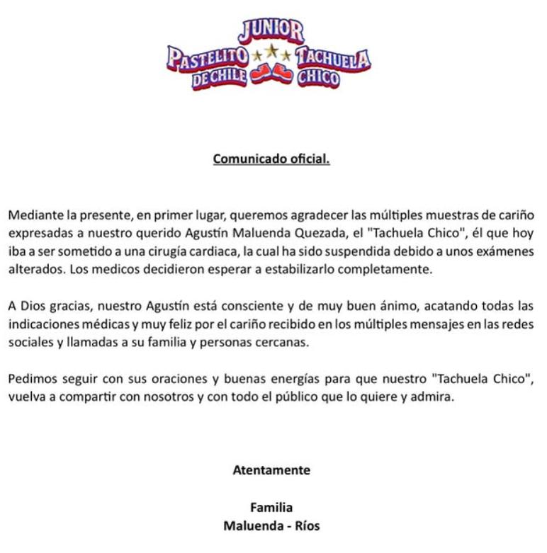 T13 - Familia de “Tachuela Chico” confirma suspensión de su cirugía cardíaca: “Los médicos decidieron esperar a estabilizarlo” | @circopastelito - Instagram