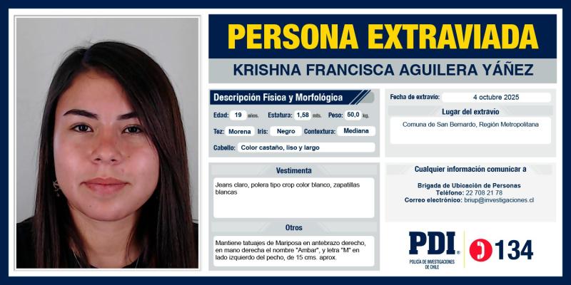 PDI - Krishna Francisca Aguilera Yáñez, joven desaparecida