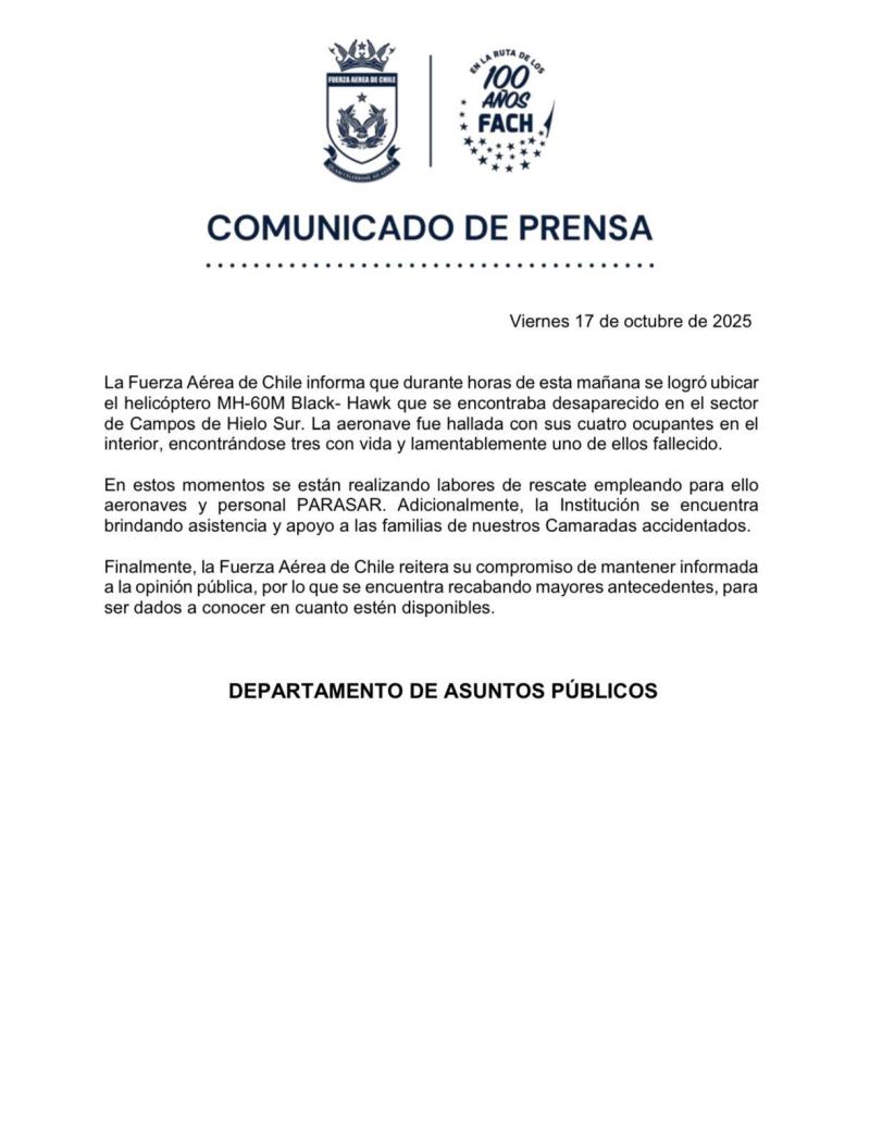 Fach - Confirman hallazgo de helicóptero desaparecido