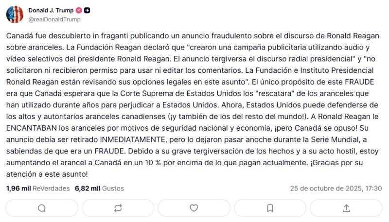 Publicación de Trump sobre los impuestos en Canadá - Truth Social