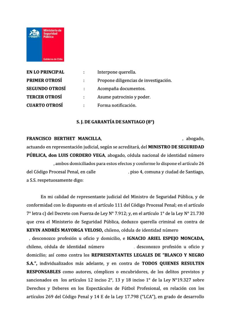 La querella del Ministerio de Seguridad en contra de Blanco y Negro