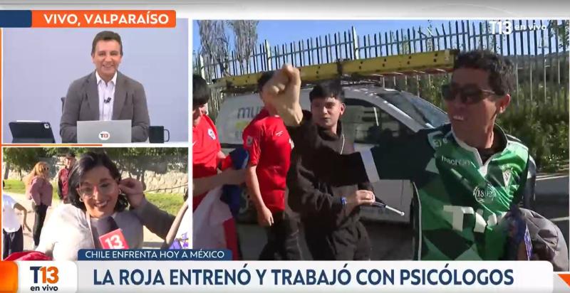 T13 - Lúdico momento entre periodista de Canal 13 e hincha de La Roja