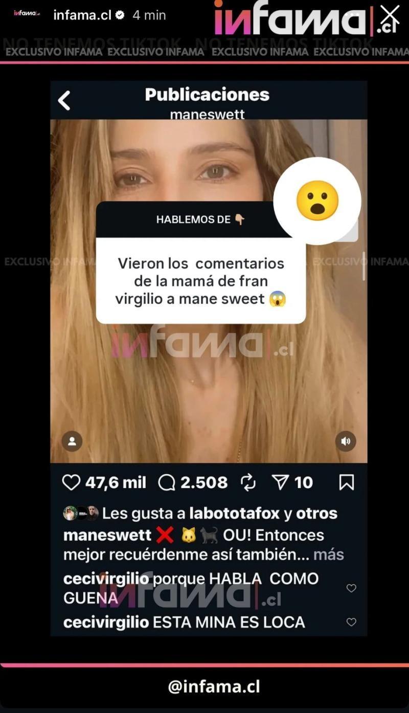 Instagram - Mensaje de Cecilia Virgilio a Mane Swett