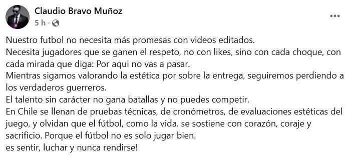 Captura - El mensaje de Claudio Bravo en redes sociales