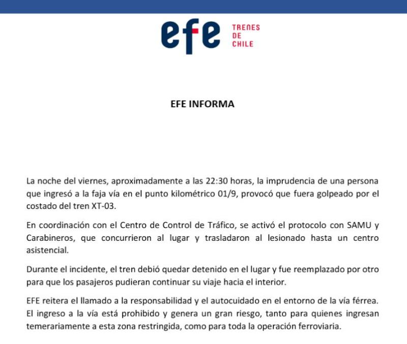 Comunicado de Metro de Valparaíso - EFE