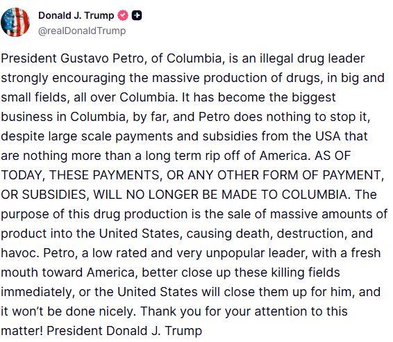 Anuncio de Donald Trump contra Gustavo Petro - Truth Social