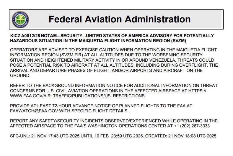 Aviso para aumentar precaución al volar sobre Venezuela - FAA