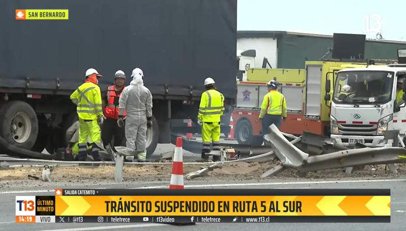 T13 - Tránsito en Ruta 5 está suspendido tras colisión entre dos camiones
