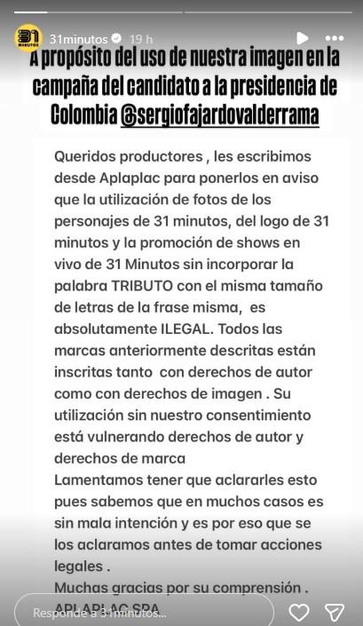Comunicado de 31 minutos a través de Instagram