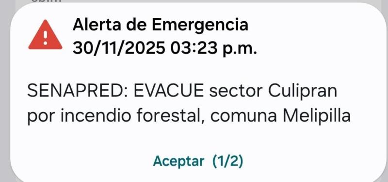 T13 - Senapred ordena evacuación por incendio forestal activo en sector Culiprán de Melipilla | Senapred
