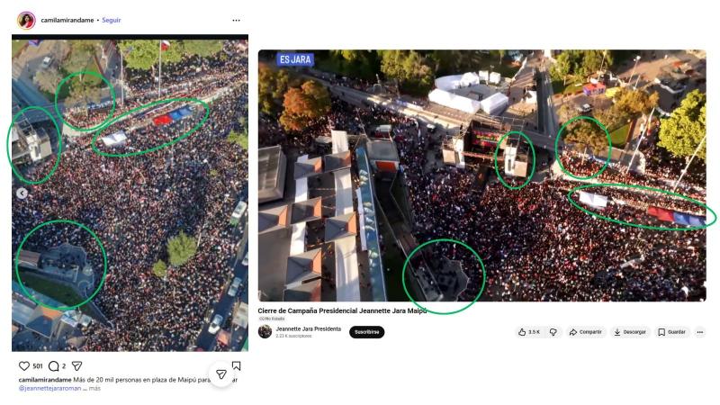 Comparación realizada el 13 de noviembre de 2025 entre capturas de pantalla de la publicación en Instagram de Camila Miranda (I) y la transmisión en vivo del cierre de campaña en canal de YouTube de Jeannette Jara