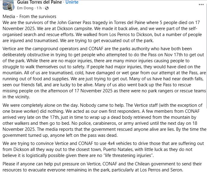 El dramático relato de los sobrevivientes de Torres del Paine - Redes sociales